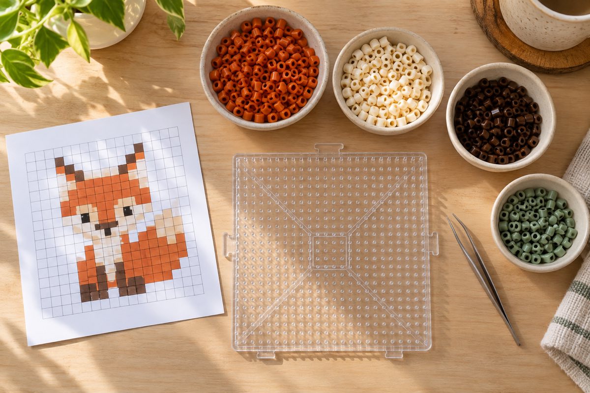 Fox pixel pattern, empty pegboard, tweezers, and sorted fuse bead colors