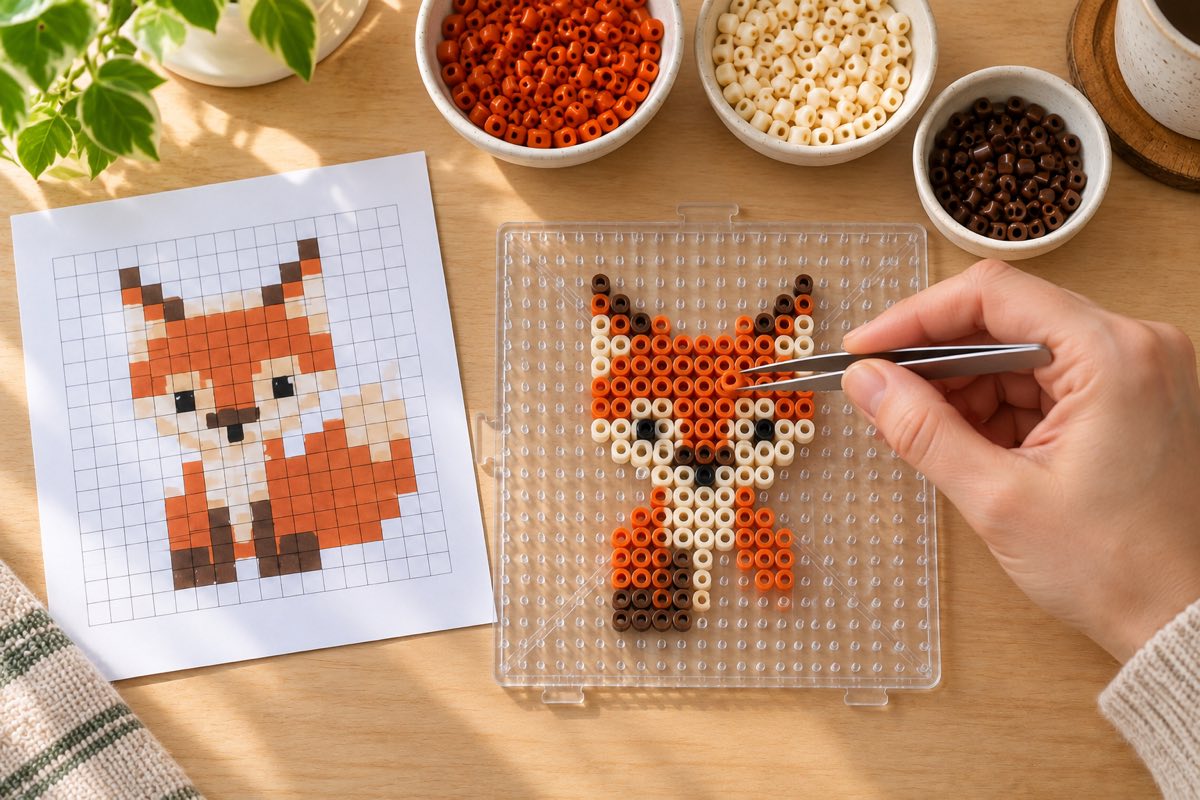 Tweezers placing an orange fuse bead on a half-finished fox design