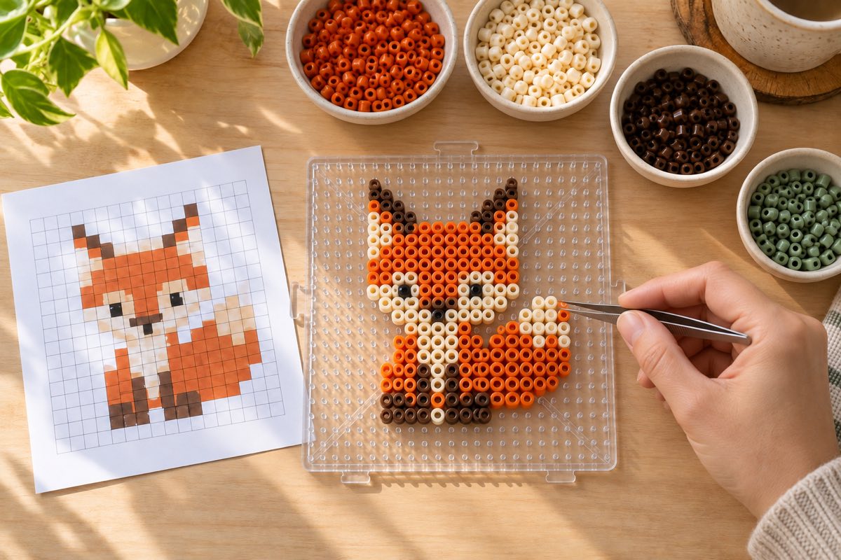 Complete fox bead design being checked against a printed pixel pattern