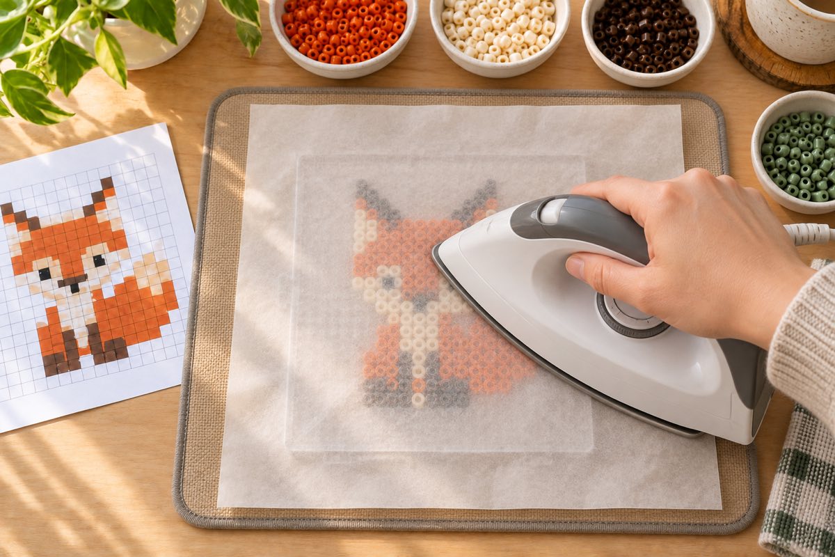 Dry household iron moving over parchment that covers a fox fuse bead pattern