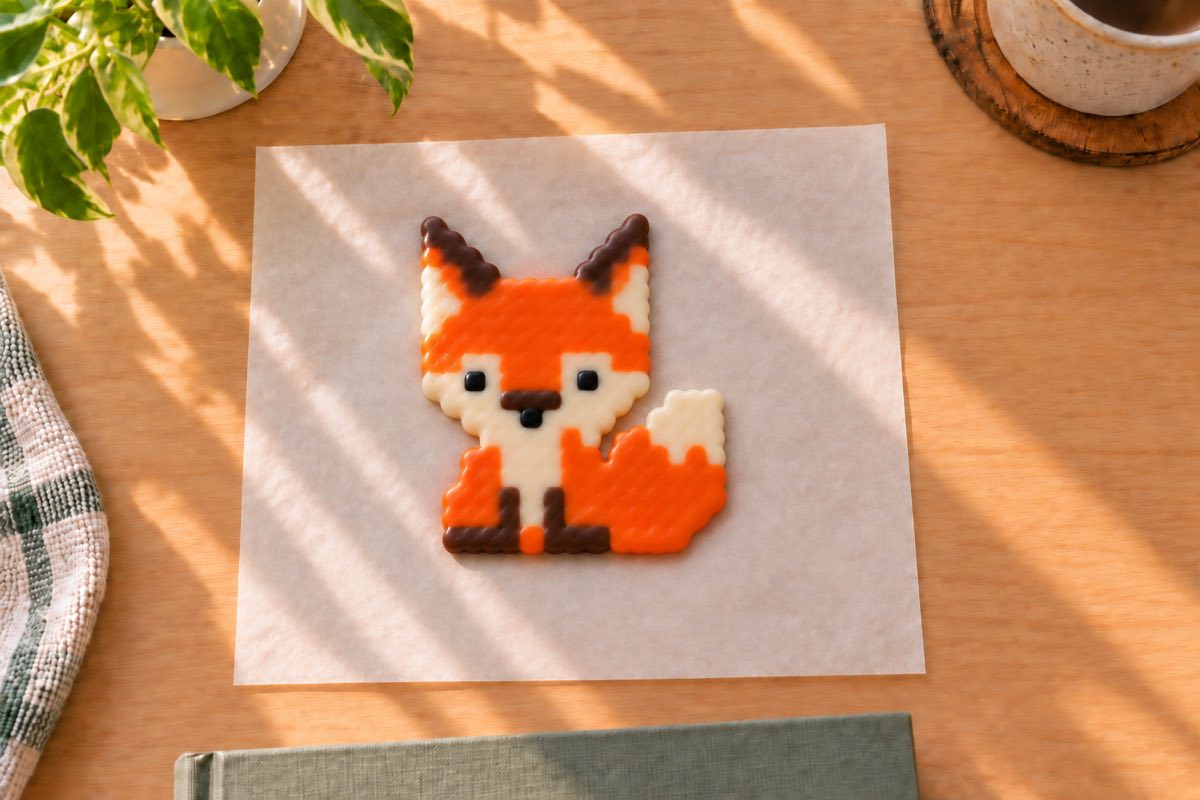 Finished fox fuse bead piece with one continuous, glossy plastic surface and no bead holes